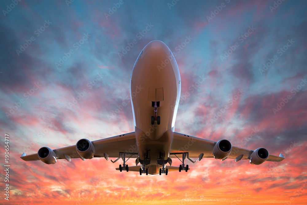 3D render of a passenger airplane on take off at sunset