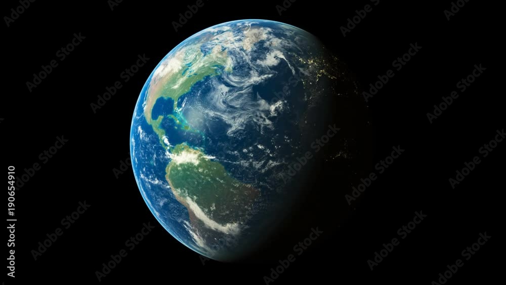 3d Render using satellite imagery NASA Planet Earth night time and sunrise from space rotation 360 degrees. World Spinning Seamless Loop animation showing. As it gets dark you see cities light up 3d Render using satellite imagery NASA Planet Earth night time and sunrise from space rotation 360 degrees. World Spinning Seamless Loop animation showing. As it gets dark you see cities light up