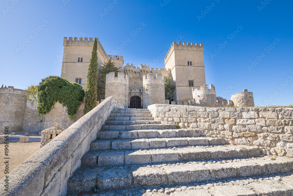 ancient stones stairs to landmark and monument of fifteenth century, castle in Ampudia village, Palencia, Castile Leon, Spain, Europe
