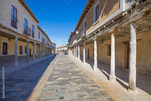 medieval street, with arcaded buildings, landmark and monument from seventeenth century, in Ampudia village, Palencia, Castile Leon, Spain, Europe 