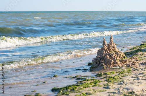 castle of sand on the sea beach, horizon. Green algae.