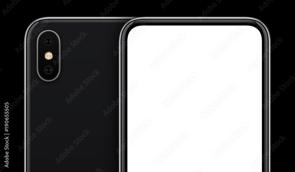 Black smartphone mockup front and back sides on black background with copy space cropped close-up Black smartphone mockup front and back sides on black background with copy space cropped close-up