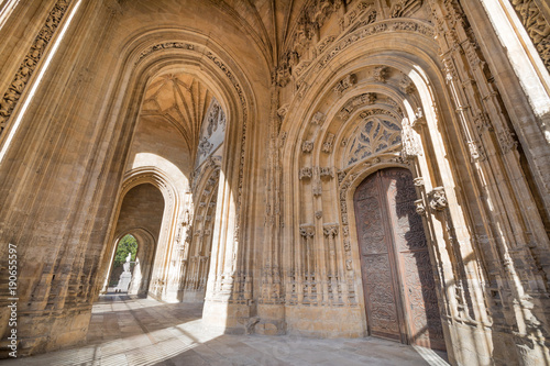 exterior door and great portico with arches of landmark cathedral of San Salvador, gothic monument from thirteenth century, in Oviedo city, Asturias, Spain, Europe 
