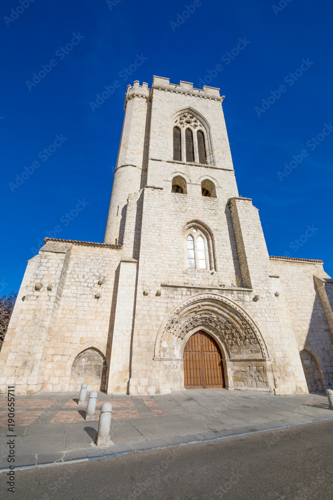 facade of ancient building church of San Miguel, or Saint Michael, romanesque and gothic monument from eleventh century, in Palencia city, Castile Leon, Spain, Europe
