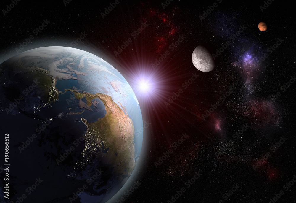 3D render of the alignment of The Earth, The Moon and Mars