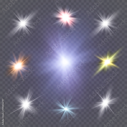 White glowing light explodes on a transparent background. Vector illustration of light decoration effect with ray. Bright Star.