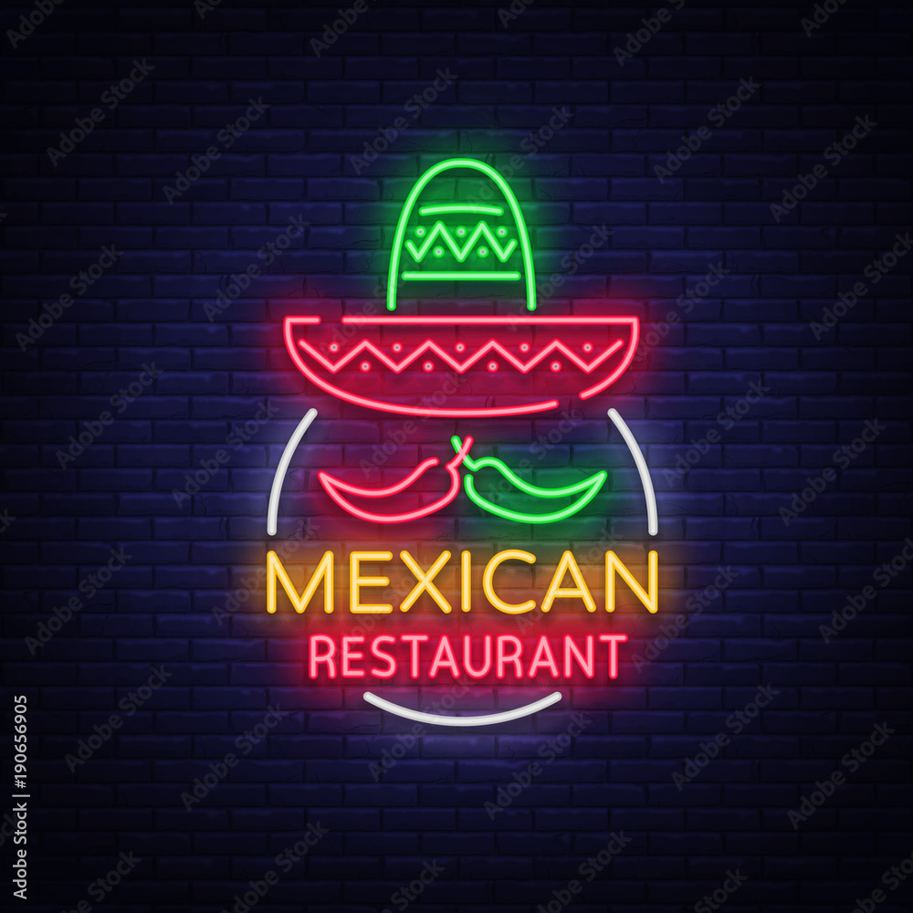 Mexican restaurant is a neon sign. Bright glow sign, neon banner