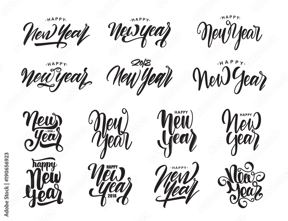Big Set of Hand drawn modern type lettering of Happy New Year. Typography design