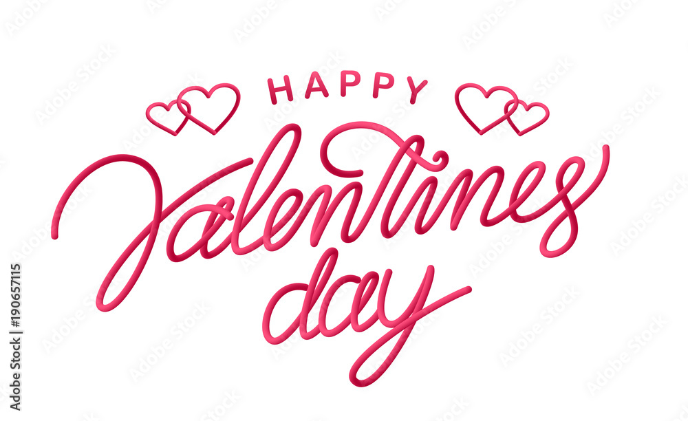 Greeting card with handwritten 3d line type lettering of Happy Valentine's Day on white background