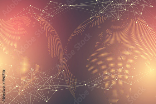 Virtual graphic background with world globes. Global network connection. Digital data visualization. Connection two hemisphere of the planet Earth. Vector illustration.