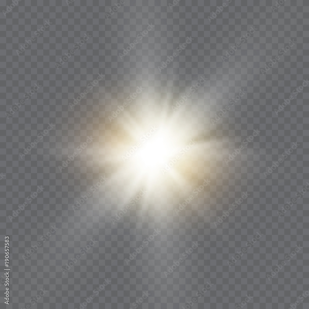White glowing light explodes on a transparent background. Vector illustration of light decoration effect with ray. Bright Star. - obrazy, fototapety, plakaty 