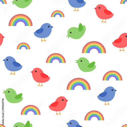 Seamless baby pattern with birds and rainbows