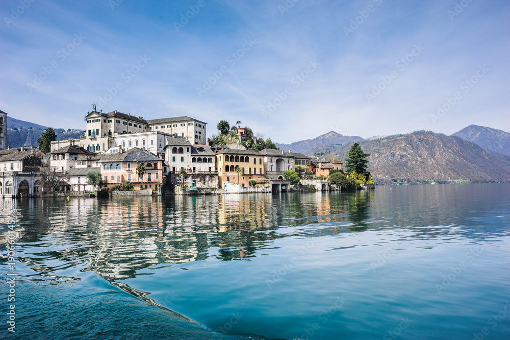 view of the island of San Giulio on Lake Orta,piedmont,italy