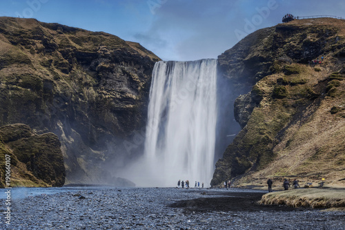 Skogafoss waterfall situated on the Skogo River in the south of Iceland at the cliffs of the former coastline