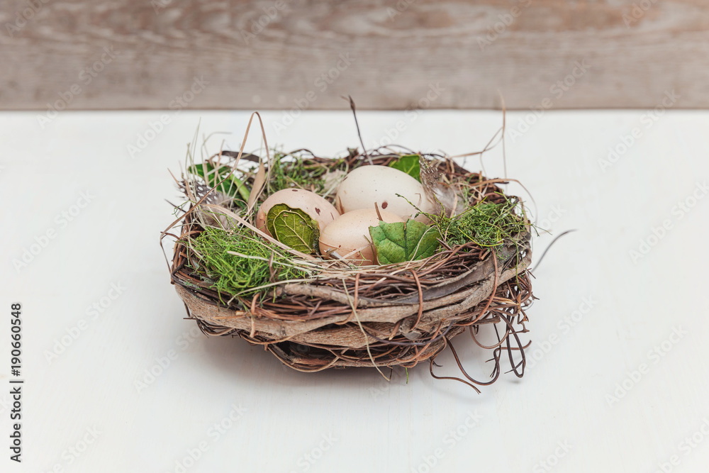 Obraz premium Easter decoration with egg in nest with moss on rustic white wooden background. Easter concept. Flat lay top view copy space. Spring greeting card