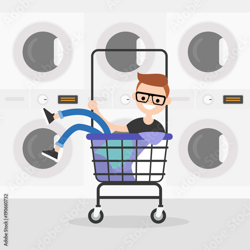 Young character riding in a laundry cart. Daily routine. Having fun. Flat editable vector illustration, clip art