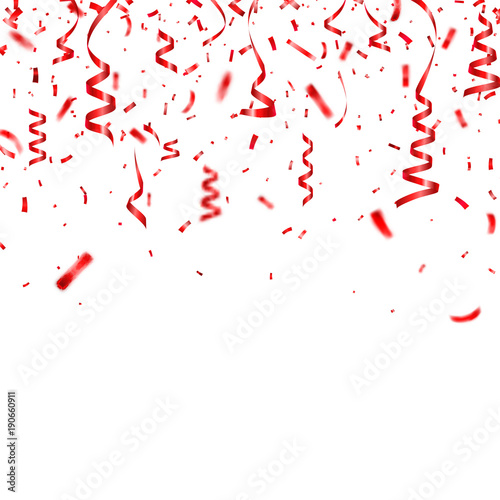 Christmas, Valentine's day red confetti with ribbon on transparent background. Falling shiny confetti glitters. Festive party design elements.