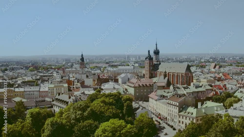Historic quarter of Krakow, Poland - Main Market Square Drone Aerial - St. Mary Church Historic quarter of Krakow, Poland - Main Market Square Drone Aerial - St. Mary Church