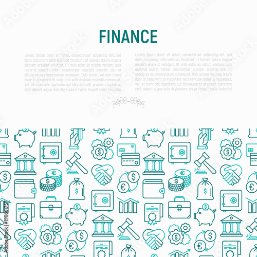 Finance concept with thin line icons: safe, credit card, piggy bank, wallet, currency exchange, hammer, agreement, handshake, atm slot. Modern vector illustration for banner, web page, print media.