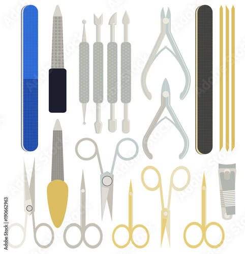 A collection set vector of manicure accessories - nail files, manicure tools, nail scissors, tweezers, nail polish, sticks. hand cream, brush. Illustration for manicure spa salons, body care.
