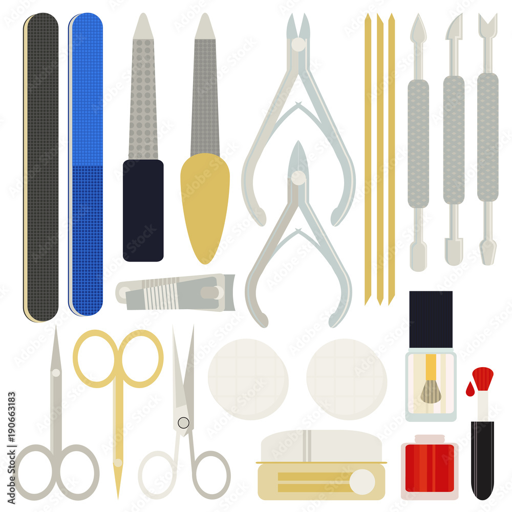 A collection set vector of manicure accessories - nail files, manicure tools, nail scissors, tweezers, nail polish, sticks. hand cream, brush. Illustration for manicure spa salons, body care. A collection set vector of manicure accessories - nail files, manicure tools, nail scissors, tweezers, nail polish, sticks. hand cream, brush. Illustration for manicure spa salons, body care.