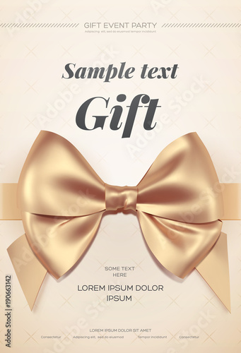 Beautiful greeting card with golden bow on light background. Valentine's day card
