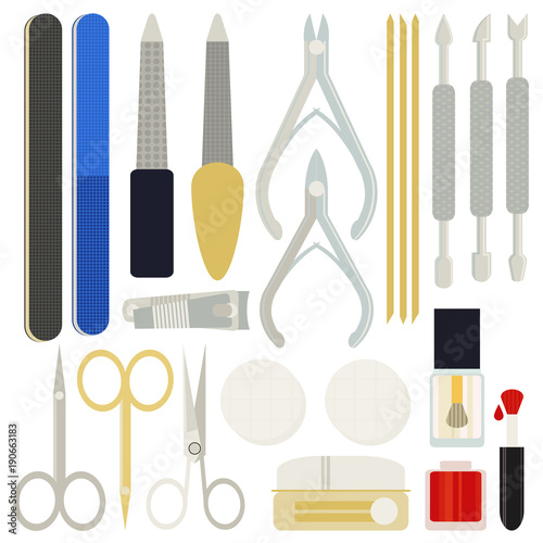 A collection set vector of manicure accessories - nail files, manicure tools, nail scissors, tweezers, nail polish, sticks. hand cream, brush. Illustration for manicure spa salons, body care.