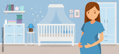 Maternity concept illustration, pregnant young woman in the cute nursery. illustration in flat style