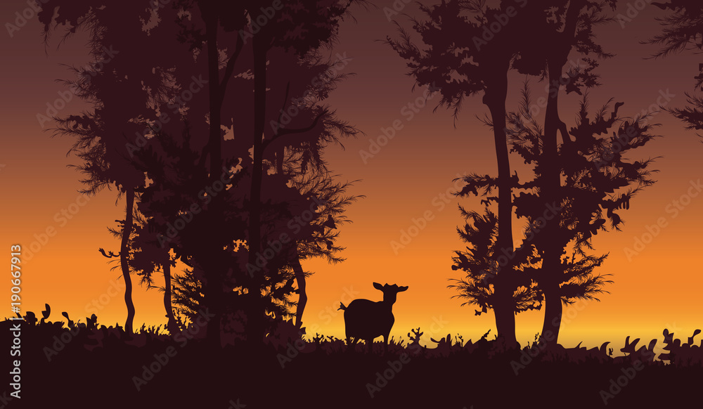 Nature vector background. Forest sunset landscape with goat illustration.