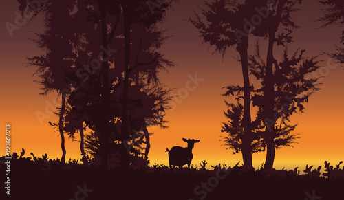 Nature vector background. Forest sunset landscape with goat illustration.