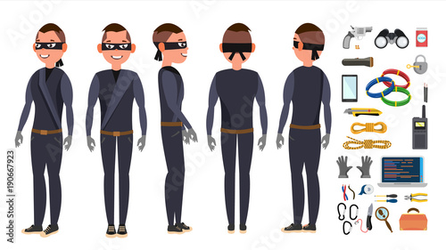 Thief, Hacker Set Vector. Stealing Credit Card Information, Personal Data, Money. Fishing Attack. Crack PIN Code. Isolated Flat Cartoon Character Illustration
