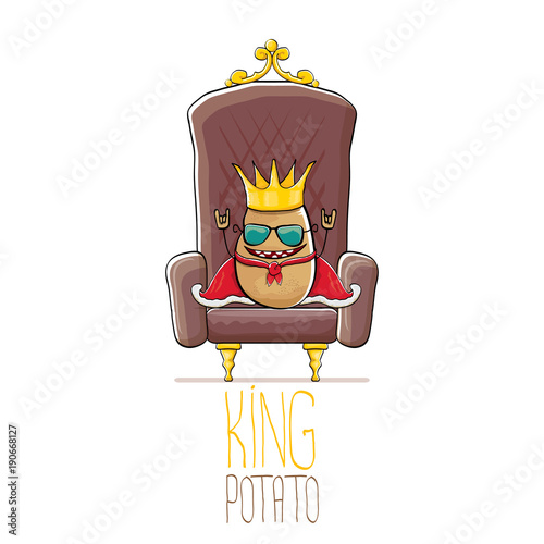 vector funny cartoon cool cute brown smiling king potato with golden royal crown and red mantle or cape sitting on brown throne isolated on white background.