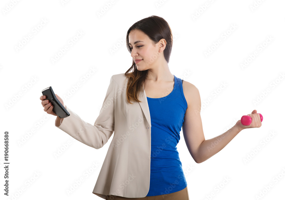 Woman Holding Calculator Exercising With Dumbbells Woman Holding Calculator Exercising With Dumbbells