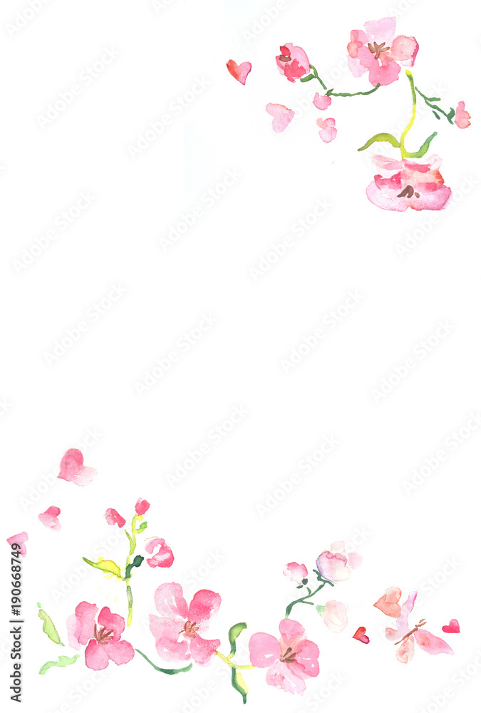 Vertical frame from pink flowers and butterfly watercolor illustration with space for text, Valentines Day