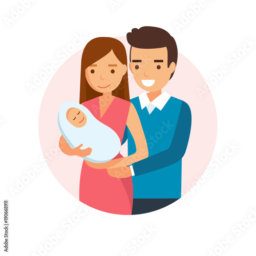 Happy parents - vector illustration of a couple holding their new born baby, in a circle