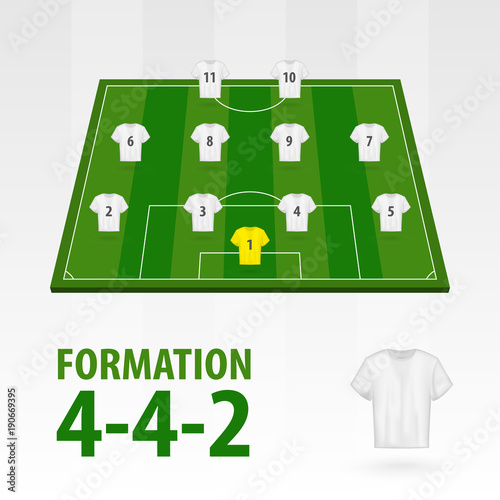 Football players lineups, formation 4-4-2. Soccer half stadium. Vector Illustration.