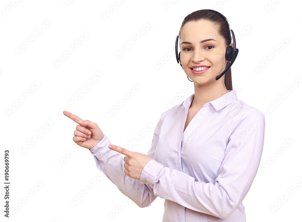 Woman with headset gesturing with hands Woman with headset gesturing with hands
