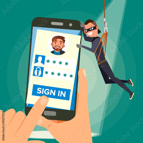 Thief Stealing Personal Data Vector. Hacker Character. Crack User Personal Information. Fishing Attack To Smartphone. Modern Internet Social Network. Cartoon Character Illustration