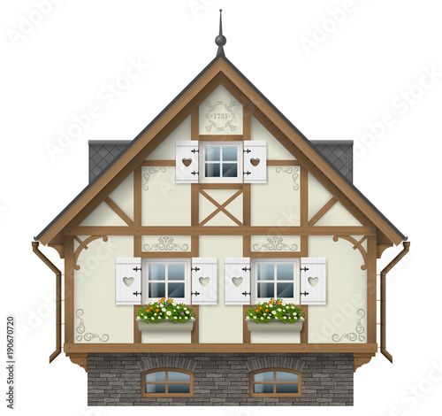 Classic half timbered house. German traditional architecture. Fabulous hut. Vector graphics. Alpine chalet.