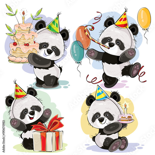 Set cute baby panda bears in cardboard hat, with birthday cake and candle, with gift box, balloons and whistle vector cartoon illustration. Happy birthday clipart for greeting cards, party invitations