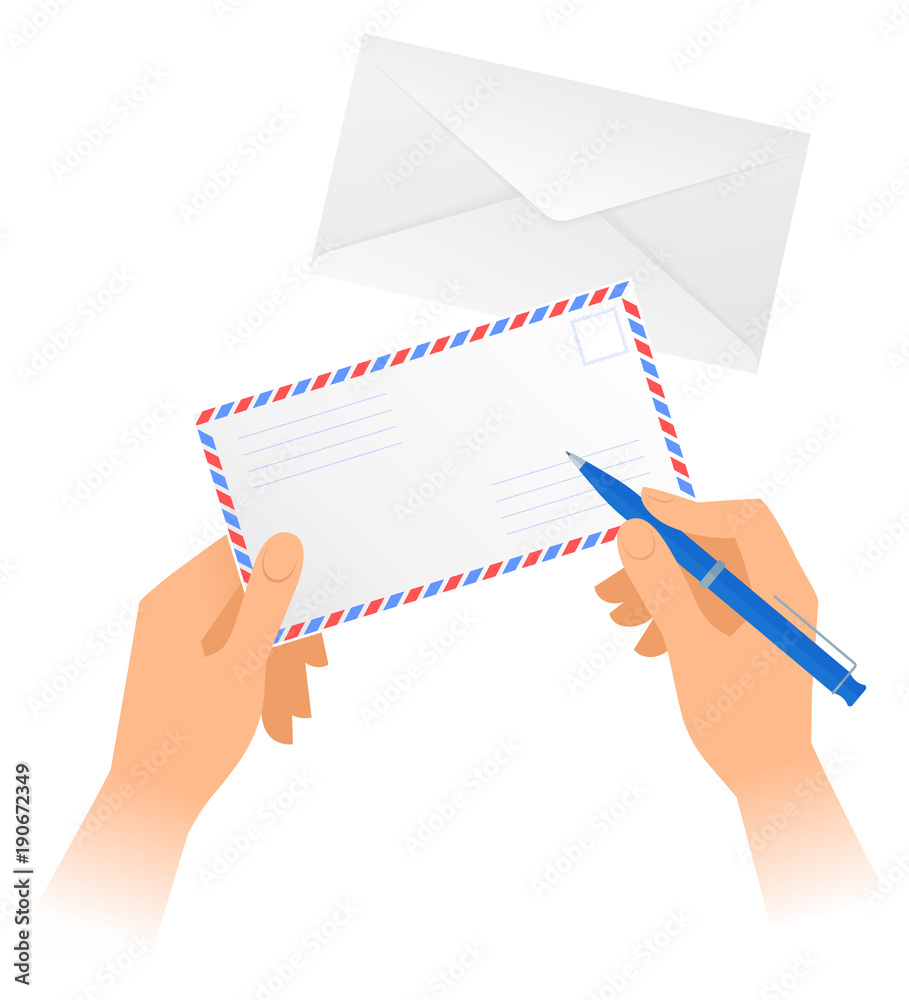 Human hands hold paper envelope and write address with pen. Vector  illustration of hands holding office correspondence and blue pen. Flat  design business writing concept isolated on white background. Stock Vector |