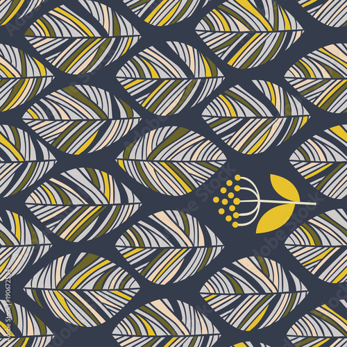 Floral linear seamless decorative pattern. Scribble background with leafs. Contour fabric texture. Hand drawn template for design