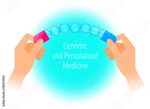 Genomic personalized medicine. Flat vector illustration of hands holding a pill with DNA spiral. Modern treatment, science and future of medication. Personalized cure with DNA genom inside concept.
