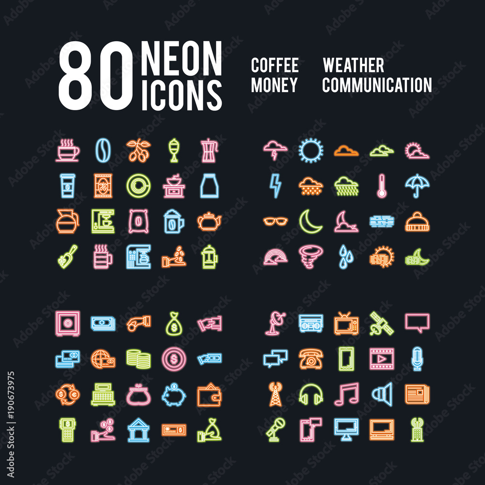 Miscellaneous neon icons of beverages weather business and communications, vector design - obrazy, fototapety, plakaty 