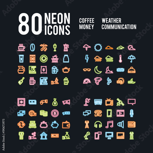 Miscellaneous neon icons of beverages weather business and communications, vector design