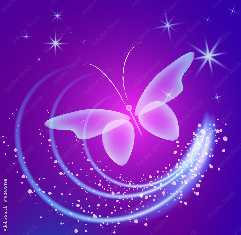 Glowing background with magic butterflies and sparkling stars