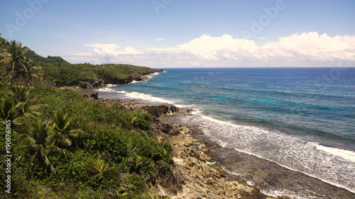 Rocky beach with palm trees  blue water on a tropical island. Sea rocky coast  waves breaking to the rocky shore. Viewpoint along stony beach with rocks.Stony sea beach scene. Philippines. Travel