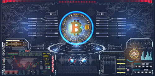  trader tools for successful trading. HUD elements pack. Infographic elements. Bitcoin digital currency, futuristic digital money, technology worldwide network concept, vector illustration