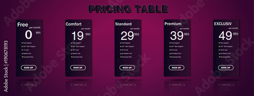Four tariffs banners. Banner from paper.  Vector design for web app. Price list.