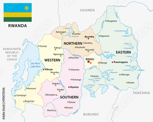 rwanda road and national park vector map with flag photo